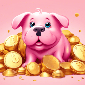 A labrador puppy peeking out of a pink piggy bank tipped on its side, surrounded by gold coins, cartoon style.