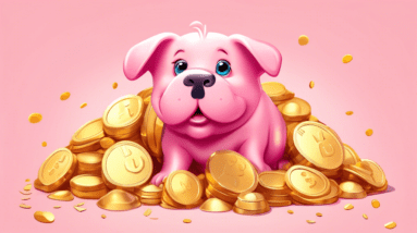 A labrador puppy peeking out of a pink piggy bank tipped on its side, surrounded by gold coins, cartoon style.