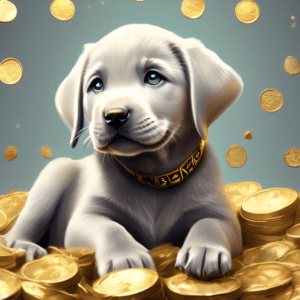 A silver labrador puppy with a price tag around its neck looking up longingly at a pile of gold coins.