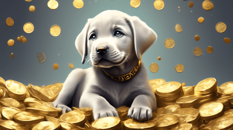 A silver labrador puppy with a price tag around its neck looking up longingly at a pile of gold coins.