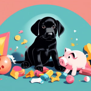 A black labrador puppy sitting next to a tipped-over piggy bank with dog toys and bones scattered around.