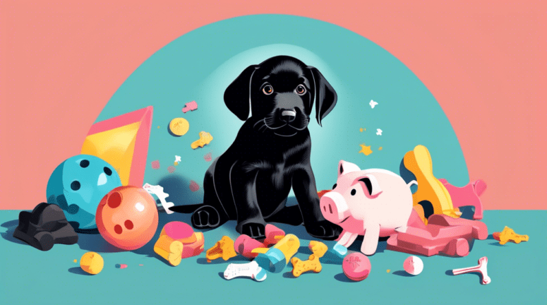 A black labrador puppy sitting next to a tipped-over piggy bank with dog toys and bones scattered around.