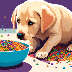 A labrador puppy looking longingly at a bowl overflowing with colorful kibble.