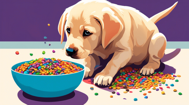 A labrador puppy looking longingly at a bowl overflowing with colorful kibble.