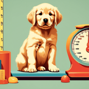 A golden retriever labrador puppy being weighed on a vintage scale, with growth charts and puppy toys surrounding it.