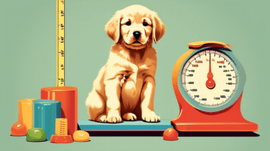 A golden retriever labrador puppy being weighed on a vintage scale, with growth charts and puppy toys surrounding it.