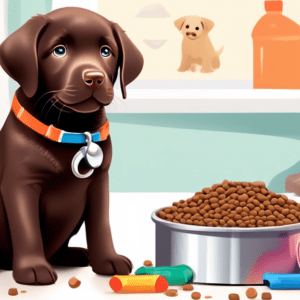 A chocolate labrador puppy with a price tag around its neck sitting next to a bowl full of dog food, a leash, and toys, with a veterinarian bill in the background.