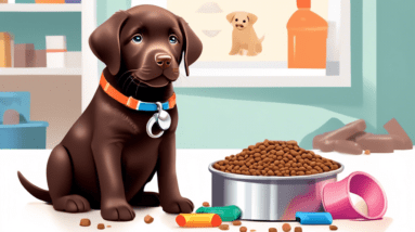 A chocolate labrador puppy with a price tag around its neck sitting next to a bowl full of dog food, a leash, and toys, with a veterinarian bill in the background.