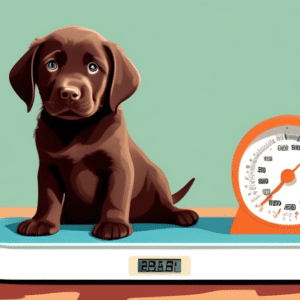 A chocolate labrador puppy on a weight scale, looking intrigued by the numbers.