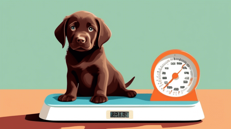 A chocolate labrador puppy on a weight scale, looking intrigued by the numbers.