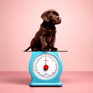 A chocolate labrador puppy sitting on a traditional weight scale, with the needle pointing to 9 kg.