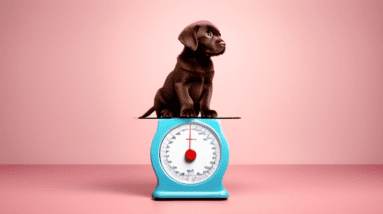 A chocolate labrador puppy sitting on a traditional weight scale, with the needle pointing to 9 kg.