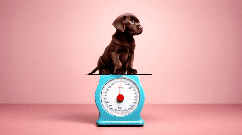 A chocolate labrador puppy sitting on a traditional weight scale, with the needle pointing to 9 kg.