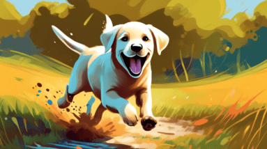 A happy labrador retriever puppy with muddy paws running through a field with a frisbee in its mouth.