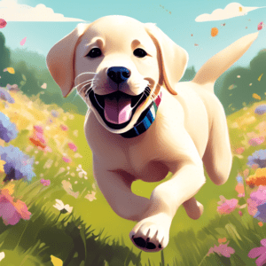 A happy labrador retriever puppy with a fitness tracker, running through a field of flowers.