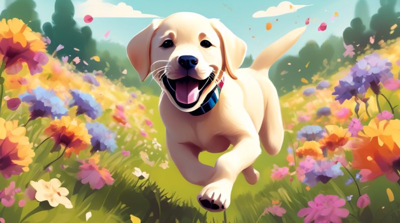 A happy labrador retriever puppy with a fitness tracker, running through a field of flowers.