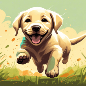 A happy labrador puppy with muddy paws playing fetch in a grassy park.