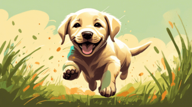 A happy labrador puppy with muddy paws playing fetch in a grassy park.