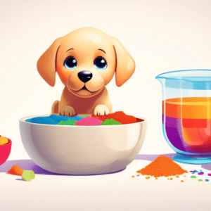 A labrador puppy looking longingly at a bowl full of colorful, protein-rich food with a measuring cup beside it.