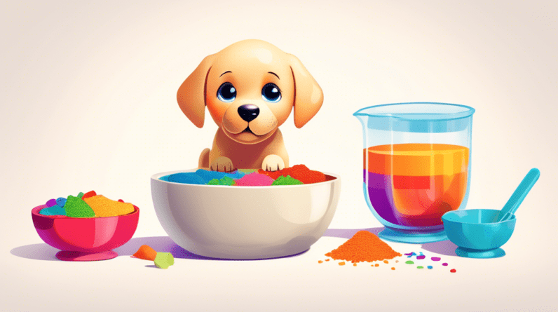 A labrador puppy looking longingly at a bowl full of colorful, protein-rich food with a measuring cup beside it.