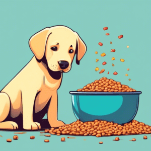 A cute labrador puppy looking up longingly at a bowl overflowing with dog food, with a measuring cup resting beside it.