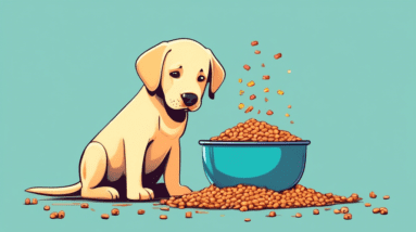 A cute labrador puppy looking up longingly at a bowl overflowing with dog food, with a measuring cup resting beside it.