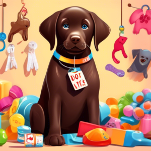 A chocolate labrador puppy with a price tag hanging from its collar, surrounded by dog toys and care items.