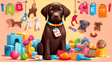 A chocolate labrador puppy with a price tag hanging from its collar, surrounded by dog toys and care items.