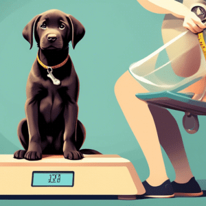 A 10-week-old labrador puppy being weighed on a scale with a concerned owner watching.