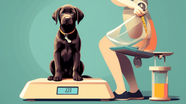 A 10-week-old labrador puppy being weighed on a scale with a concerned owner watching.