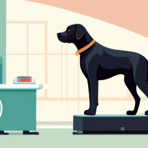 A healthy black labrador standing on a weight scale at a veterinarian's office.