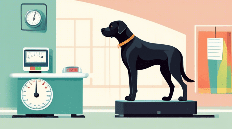 A healthy black labrador standing on a weight scale at a veterinarian's office.