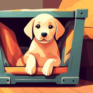 A happy labrador retriever puppy peeking out of its spacious crate inside a cozy living room.