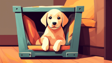 A happy labrador retriever puppy peeking out of its spacious crate inside a cozy living room.