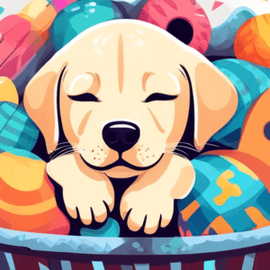 A cute labrador puppy sleeping in a basket full of dog toys, with a chew toy in its paws.