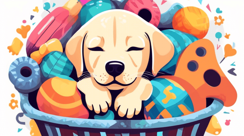 A cute labrador puppy sleeping in a basket full of dog toys, with a chew toy in its paws.