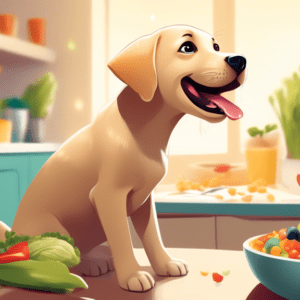 A labrador puppy excitedly looks up at a bowl overflowing with healthy food, with its owner smiling in the background.