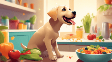 A labrador puppy excitedly looks up at a bowl overflowing with healthy food, with its owner smiling in the background.