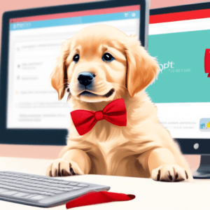 A golden retriever puppy with a red bow looking curiously at a computer screen displaying Adopt me with a family smiling in the background.