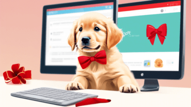 A golden retriever puppy with a red bow looking curiously at a computer screen displaying Adopt me with a family smiling in the background.