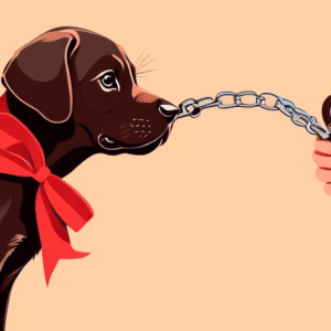 A chocolate labrador puppy with a big red bow looking curiously at a human hand holding a dog leash.