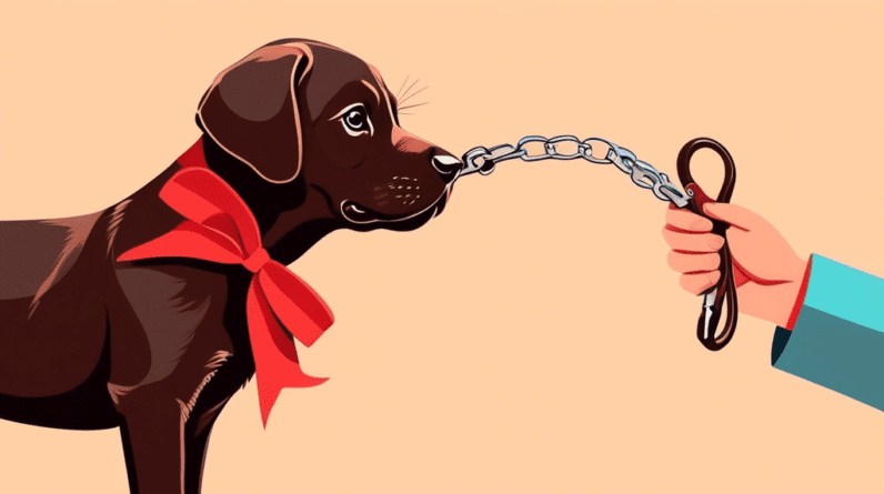 A chocolate labrador puppy with a big red bow looking curiously at a human hand holding a dog leash.