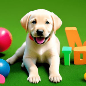 A happy Labrador puppy with a Adopt Me sign on a green lawn, surrounded by colorful toys.