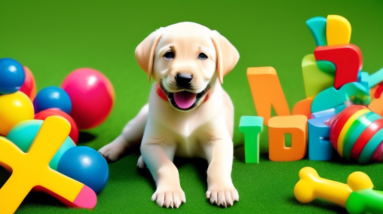 A happy Labrador puppy with a Adopt Me sign on a green lawn, surrounded by colorful toys.