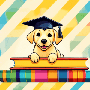 A happy yellow labrador retriever puppy wearing a graduation cap sitting on a stack of colorful books.