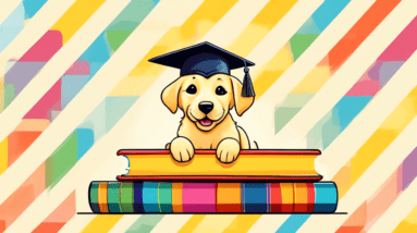 A happy yellow labrador retriever puppy wearing a graduation cap sitting on a stack of colorful books.