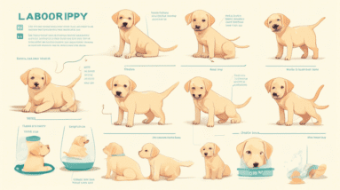 A helpful checklist infographic on how to care for a Labrador puppy, with illustrations of a cute labrador puppy.