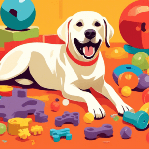 A labrador retriever excitedly playing with a puzzle toy, surrounded by other enrichment toys like Kongs and treat balls.