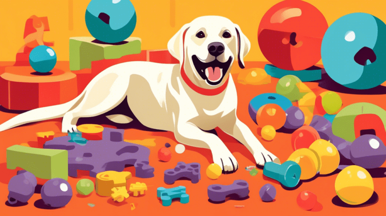 A labrador retriever excitedly playing with a puzzle toy, surrounded by other enrichment toys like Kongs and treat balls.