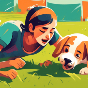 A tired volunteer wearing the t-shirt of a dog training organization struggles to wrangle a playful, energetic puppy on a grassy field with obstacles in the background.